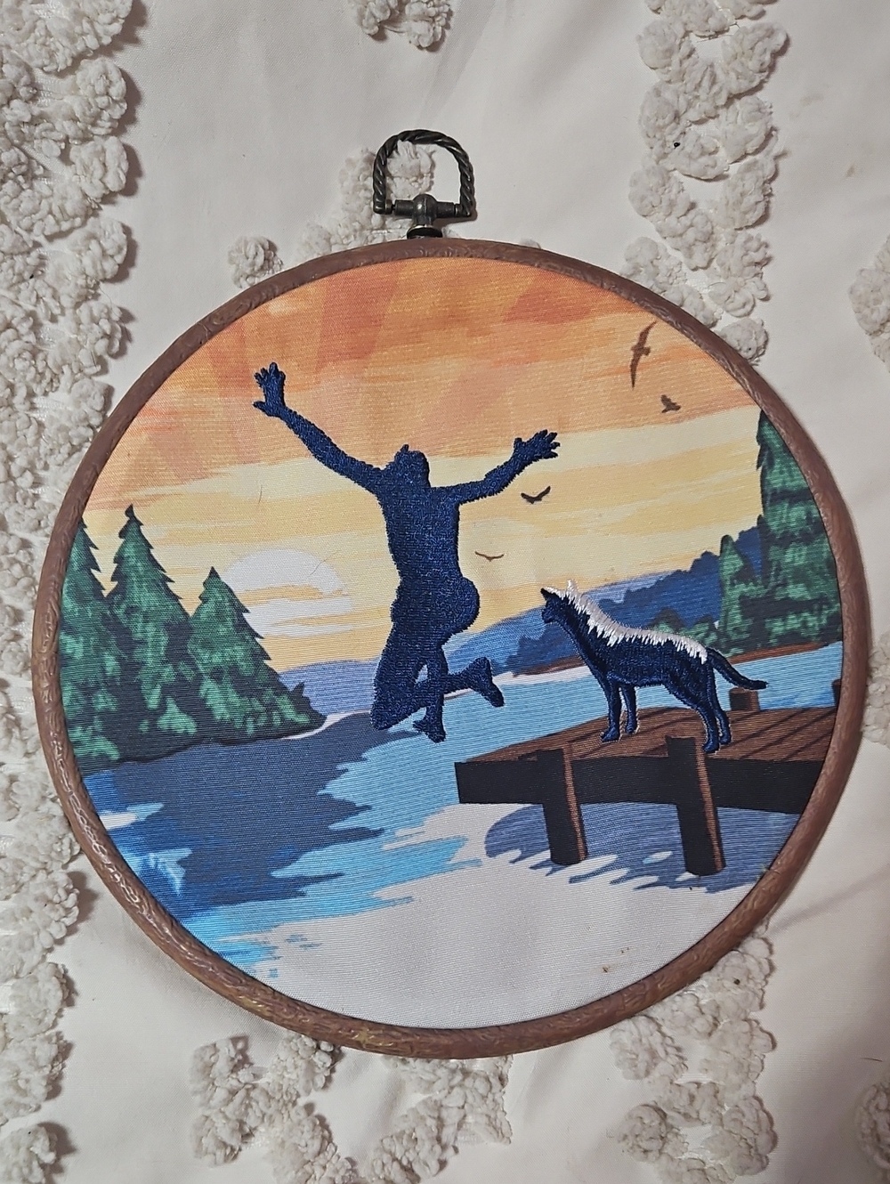 Embroidered Lake Sunset Wall Art Camping Outdoor Life